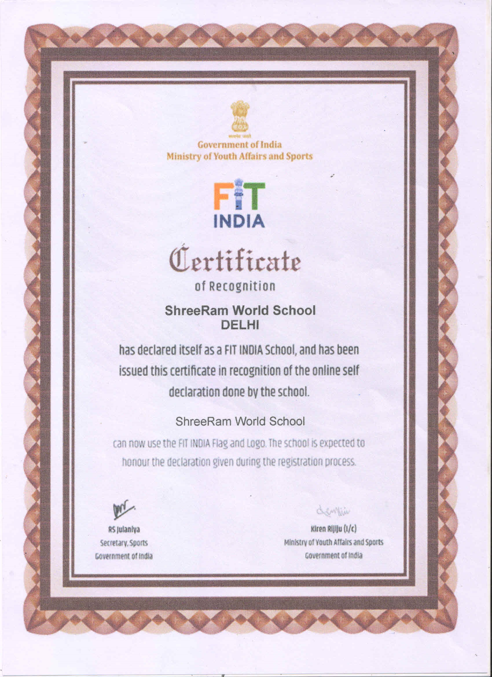 Fit India Certificate of Recognition